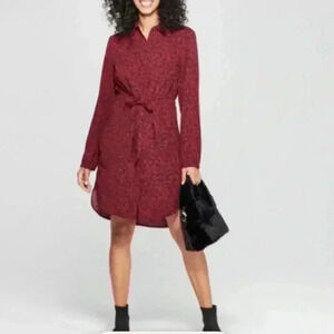 A New Day Leopard Print Maroon Black Button Front Tie Hi Low Midi Dress Size M